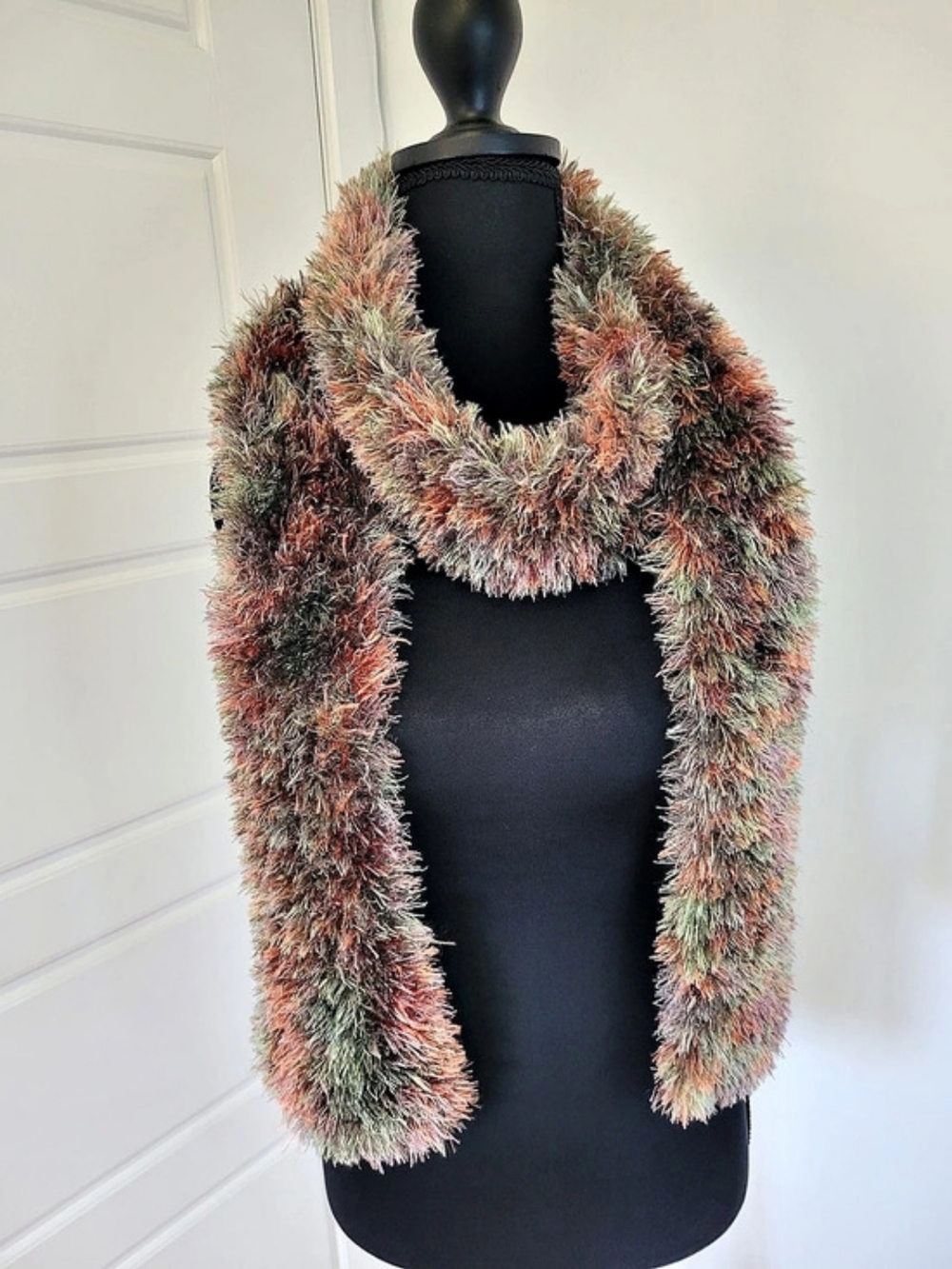 🍂 Handmade Multicolored Fuzzy Eyelash Yarn Long Skinny Scarf - 75"